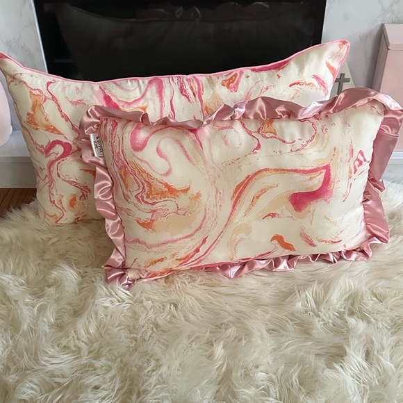 Pink and Orange Marble Throw Pillows with Pink Silk Ruffles - Picture 4 of 9